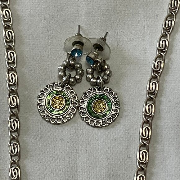 Art Deco-styled Blue/Silver Tone Fashion Costume Necklace & Earring Set - Picture 5 of 10